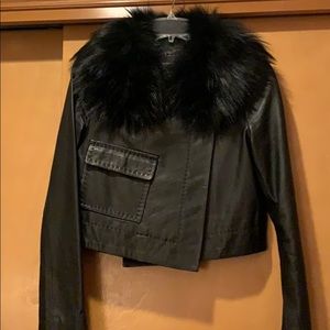 bcbg leather jacket with fur